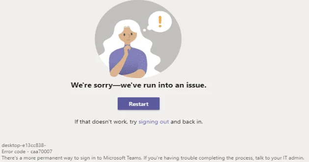 Odpravljanje težav Napaka Microsoft Teams caa70007