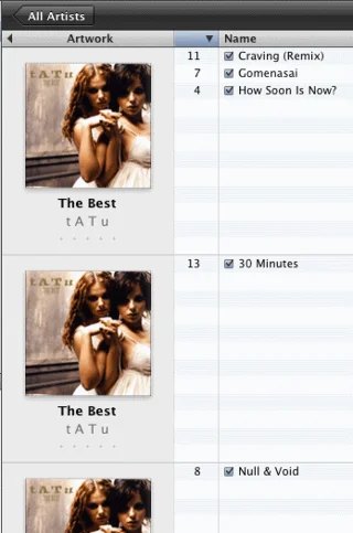 iTunes: albumo dainos suskaidytos tinklelio rodinyje