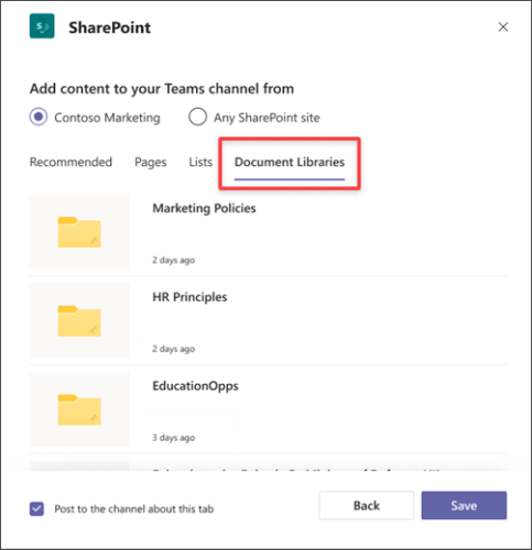 Новите функции улесняват добавянето на съдържание на SharePoint към Teams