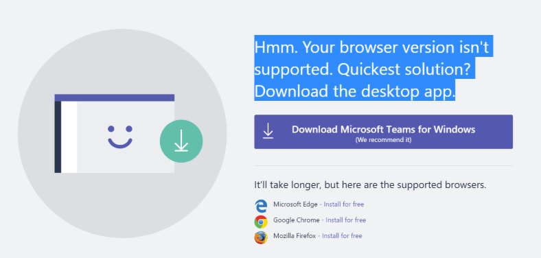 Ātrais labojums: Microsoft Teams pārlūkprogrammas versija netiek atbalstīta