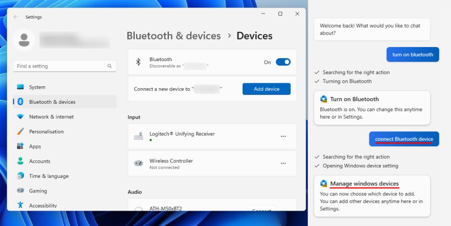 Windows Copilotin käyttäminen pimeän tilan, DND:n, Bluetooth-laitteiden ja muiden hallintaan kytkemiseen