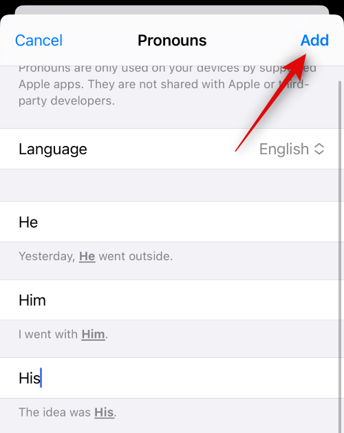 Névmások hozzáadása egy névjegyhez iOS 17 rendszeren