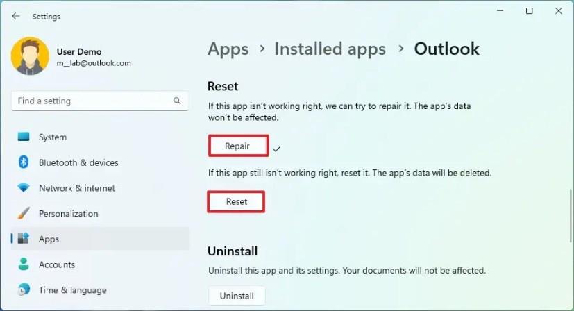 Az új Outlook alkalmazás (nem működő) visszaállítása Windows 11 rendszeren