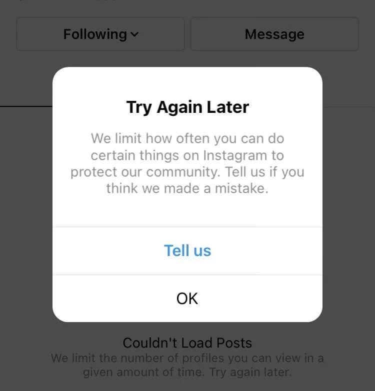 Kuinka korjata "Rajotamme kuinka usein voit tehdä tiettyjä asioita Instagramissa" -virhe