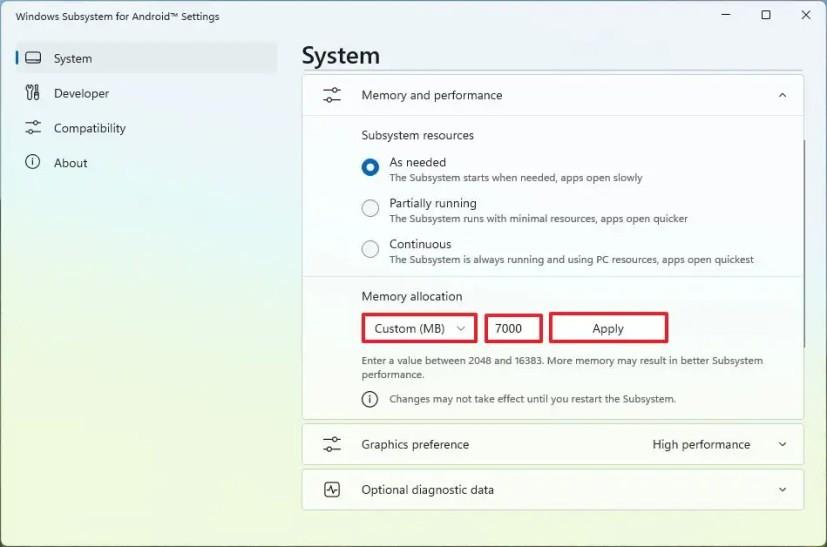 A WSA memóriafoglalásának megváltoztatása Windows 11 rendszeren