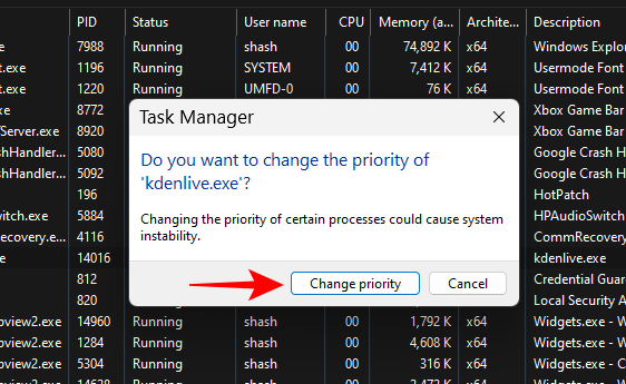 A prioritás módosítása a Feladatkezelőben Windows 11 rendszeren