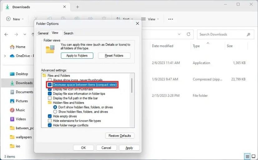 A File Explorer Compact nézet engedélyezése a Windows 11 rendszeren