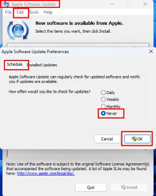 Onemogočite zaslon za posodobitev programske opreme Apple v sistemu Windows 11 in macOS