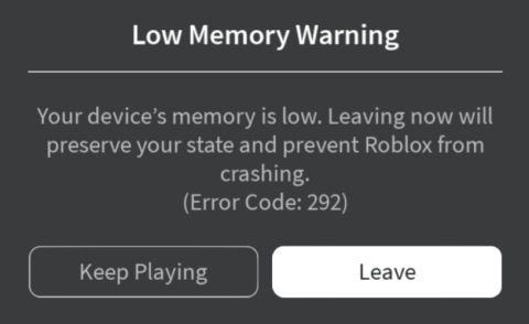 A Roblox kevés memória figyelmeztetés (hibakód: 292) javítása iPhone és iPad készüléken