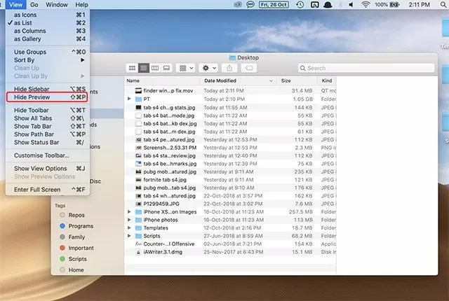 Kako sakriti okno za pregled Findera u macOS Mojave?