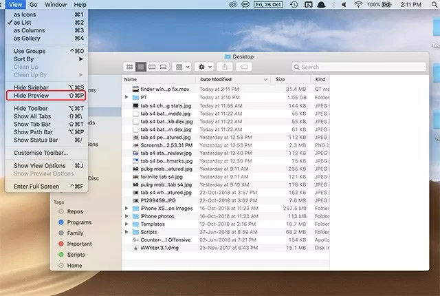 Com amagar el panell de vista prèvia del Finder a macOS Mojave?