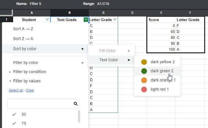 Slik sorterer eller filtrerer du etter farge i Google Sheets