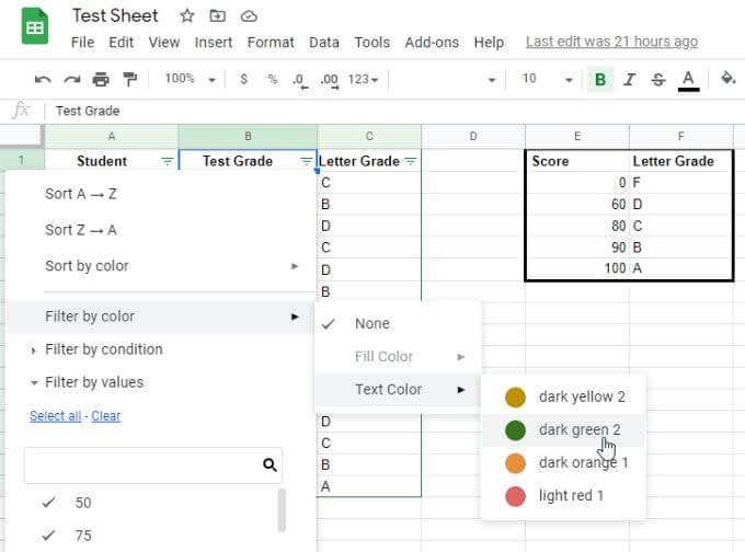 Slik sorterer eller filtrerer du etter farge i Google Sheets