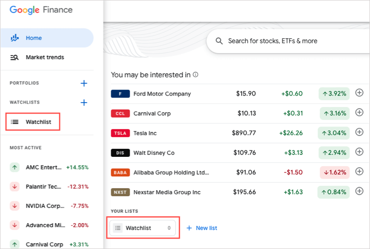 Как да настроите списък за наблюдение на акции в Google Finance