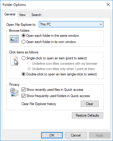 Задаване на папка по подразбиране при отваряне на Explorer в Windows 10