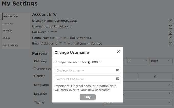 Jak změnit své uživatelské jméno nebo zobrazované jméno v Roblox