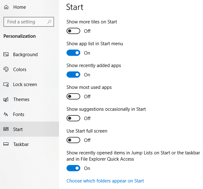 Mappák és alkalmazások megjelenítése vagy elrejtése a Start menüben Windows 10 rendszeren