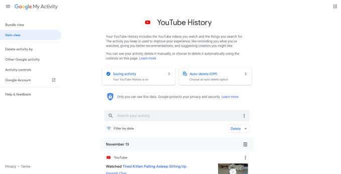 YouTube'i ajaloo ja otsingutegevuse kustutamine