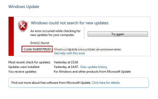 Error d'actualització de Windows 0x80070020 {Resolt}