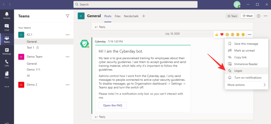 Com fixar un missatge a Microsoft Teams