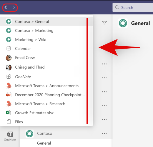 Kaip grįžti atgal ir pirmyn „Microsoft Teams“ naudojant istorijos meniu