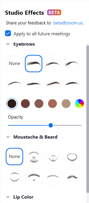 Zoom Studio Effects: como cambiar a cella, a cor dos beizos, o bigote e a barba con filtros