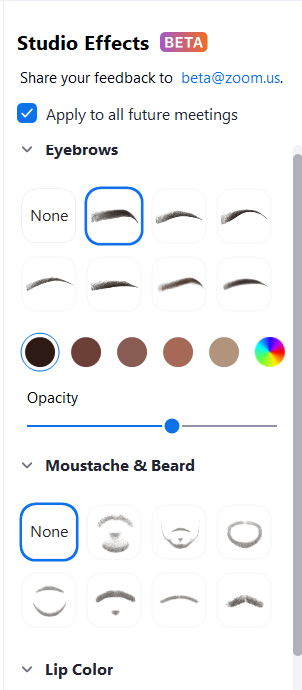 Zoom Studio Effects: Hogyan változtasd meg a szemöldöködet, az ajakszínedet, a bajuszodat és a szakálladat szűrőkkel